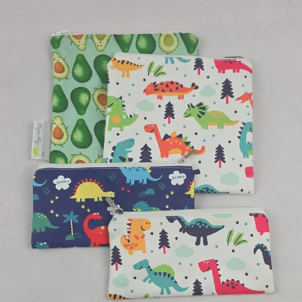 Set Of 4 Reusable Dinosaur and Avocado Print Kids Snack Bags‎ School Lunches